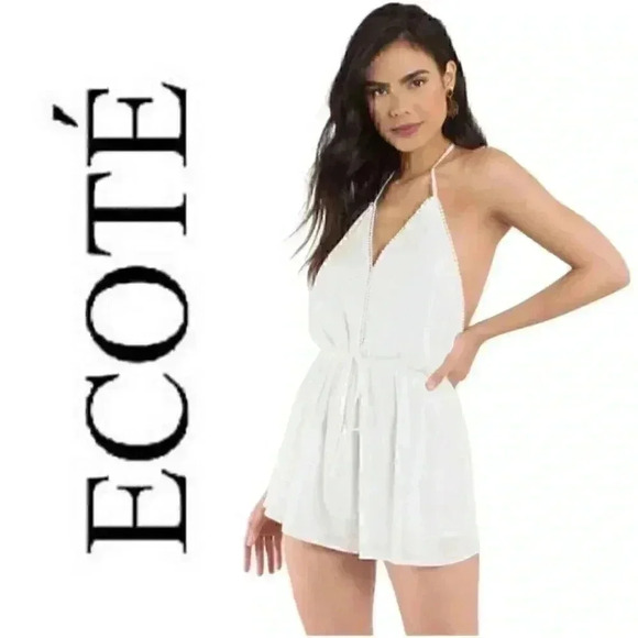 Ecote Pants - Urban Outfitters Ecoté Cream Pom Pom Trim V Neck Flowy Boho Romper Size XS
